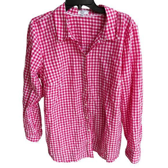 Crown & Ivy Tops - CROWN & IVY Beachy pink gingham check long sleeve lightweight button plus sz 2XL